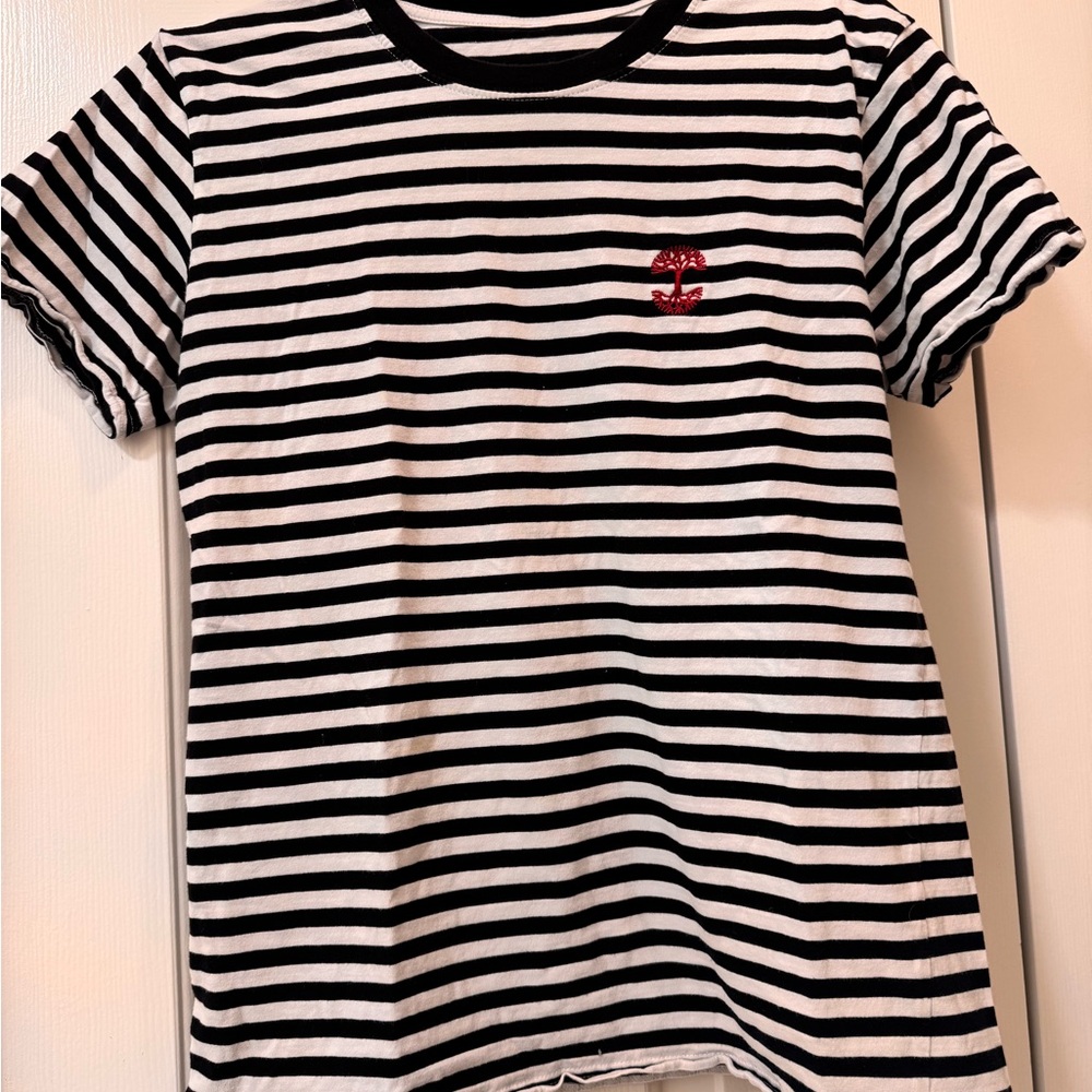 Unisex Black & White Striped Tee with Red Embroidered Detail
